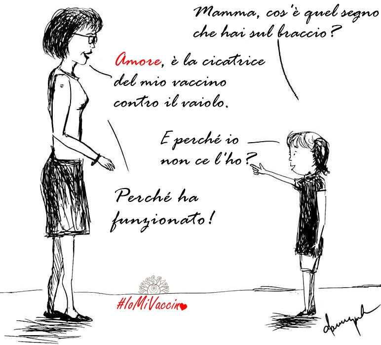 Vignetta per la campagna a favore del vaccino; il bambino chiede alla mammache risponde ... con amore