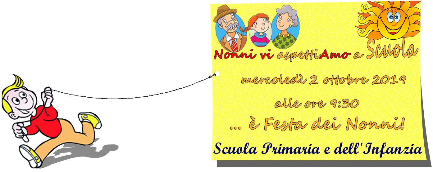 Disegno con bimbo, aquilone e l’invito ai nonni ad andare a scuola per la festa dei nonni